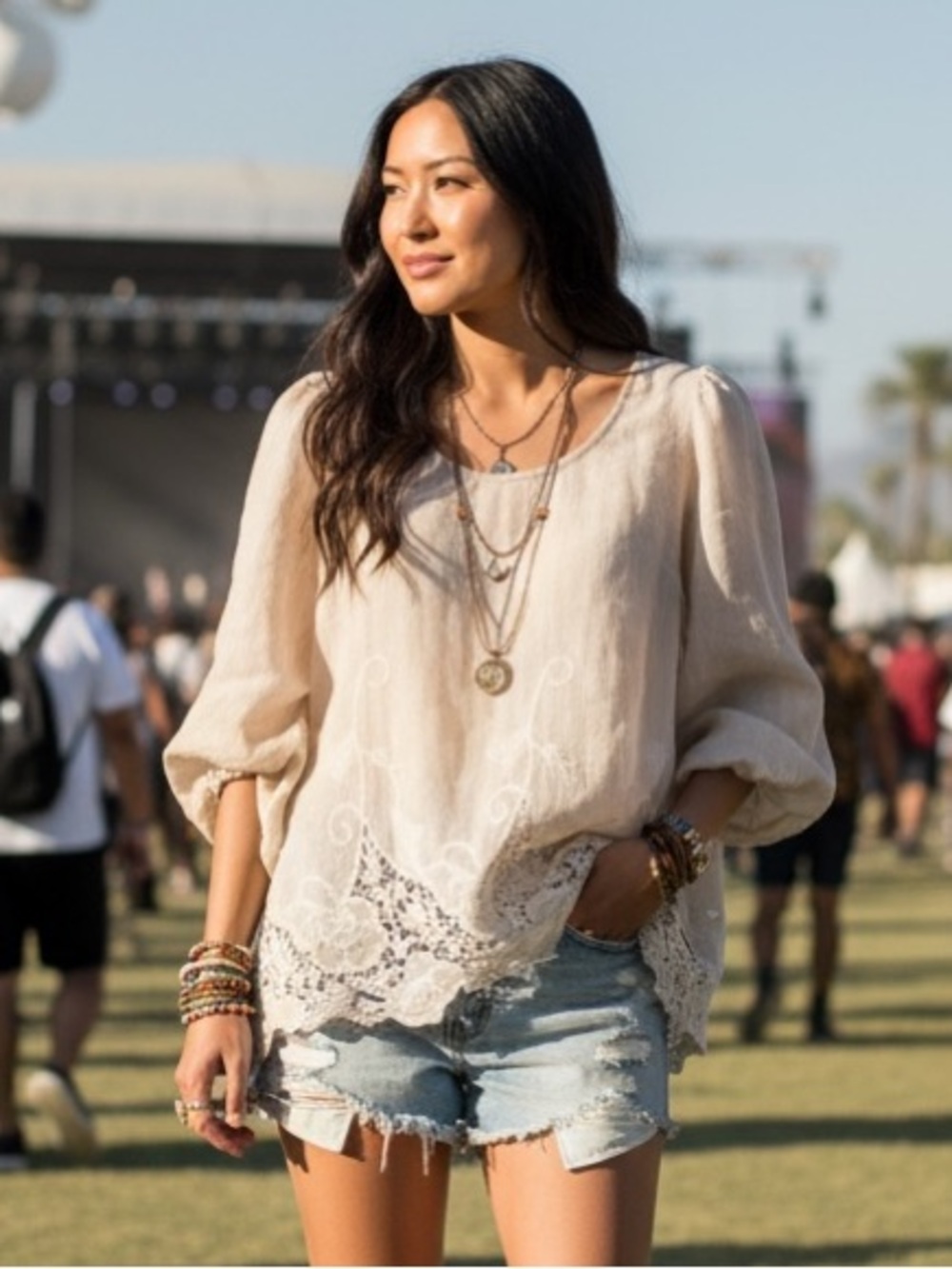 Adiva cream peasant blouse, semi sheer, embroidered bohemian festival, Large